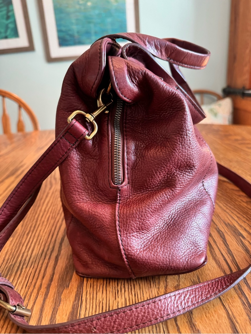 American Leather Co Ada Triple Entry Satchel Mahogany Brown Crossbody Bag - Picture 3 of 9